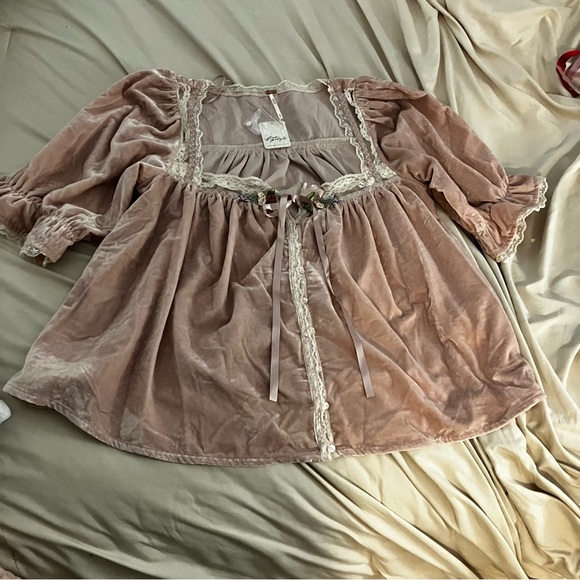 Free People new w/ tags let’s voyage, blush, pink velvet, lace floral blouse M - Picture 11 of 16